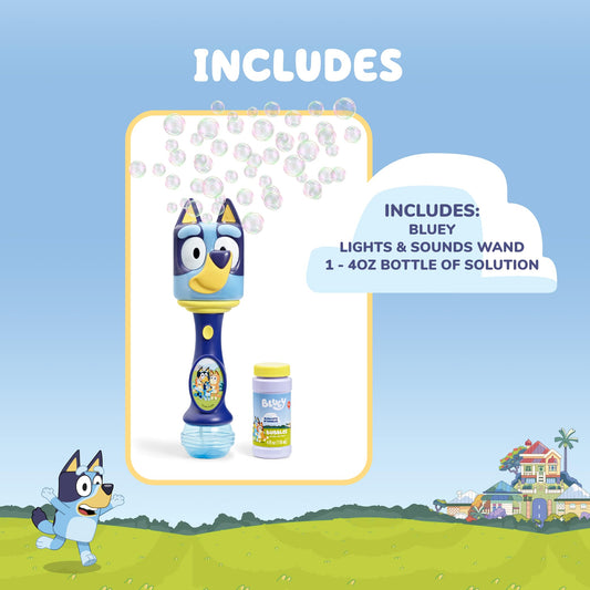 Little Kids BLUEY bubble wand with solution bottle, perfect for outdoor bubble-blowing fun.