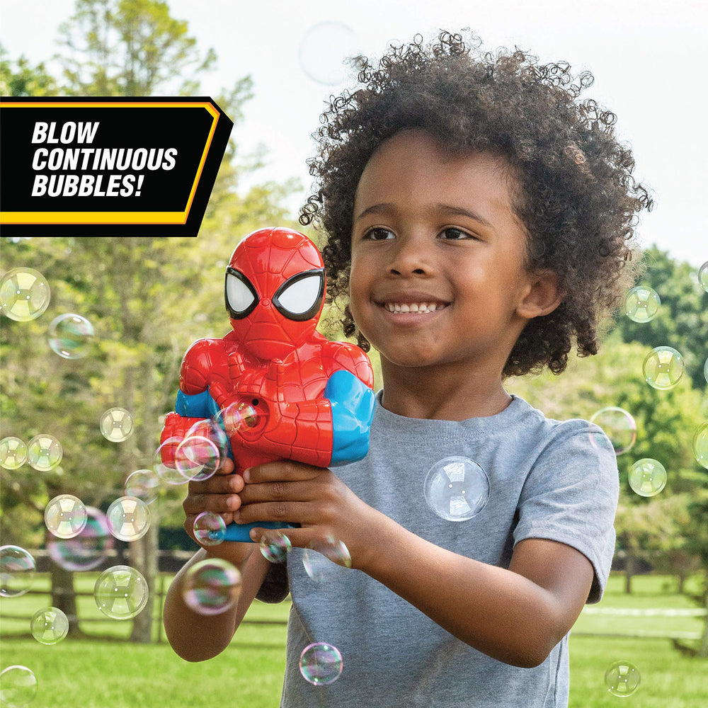 Little Kids Spider-Man bubble blower with 4oz bubble solution included for quick setup.