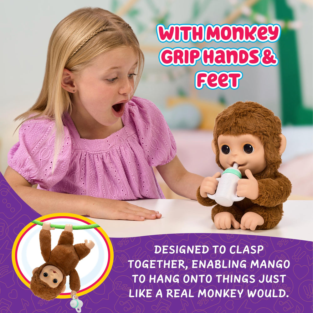Mango hanging gesture demonstrates realistic grip for versatile pretend play.