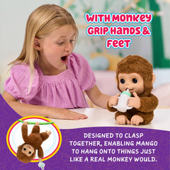 Mango hanging gesture demonstrates realistic grip for versatile pretend play.