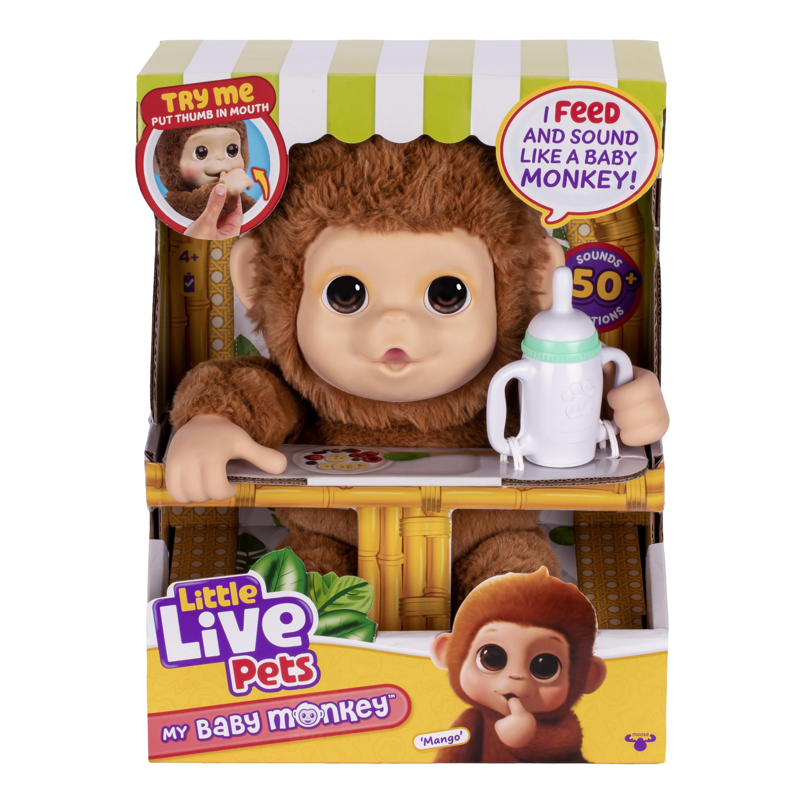 Little Live Pets Mango monkey face with soft fur for cuddling.