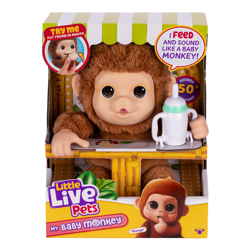 Little Live Pets Mango monkey face with soft fur for cuddling.