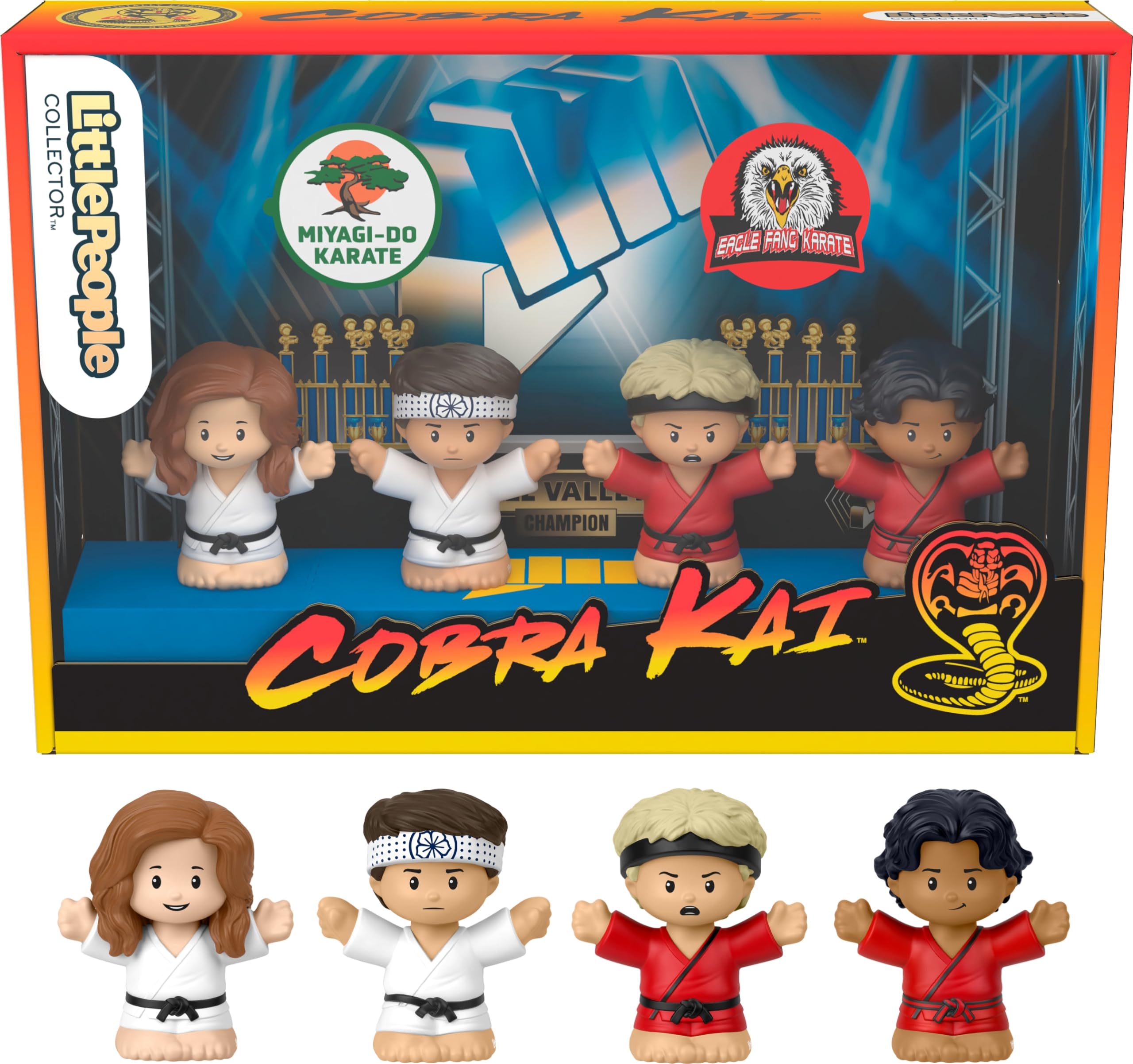 Little People Collector Cobra Kai Daniel LaRusso crane kick figure for display and gifting.