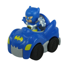 Living room play scene with Little People DC Super Friends figures and Batmobile