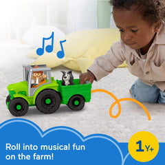 Little People push and play tractor driver-seat button creates songs and sounds to engage little ones.