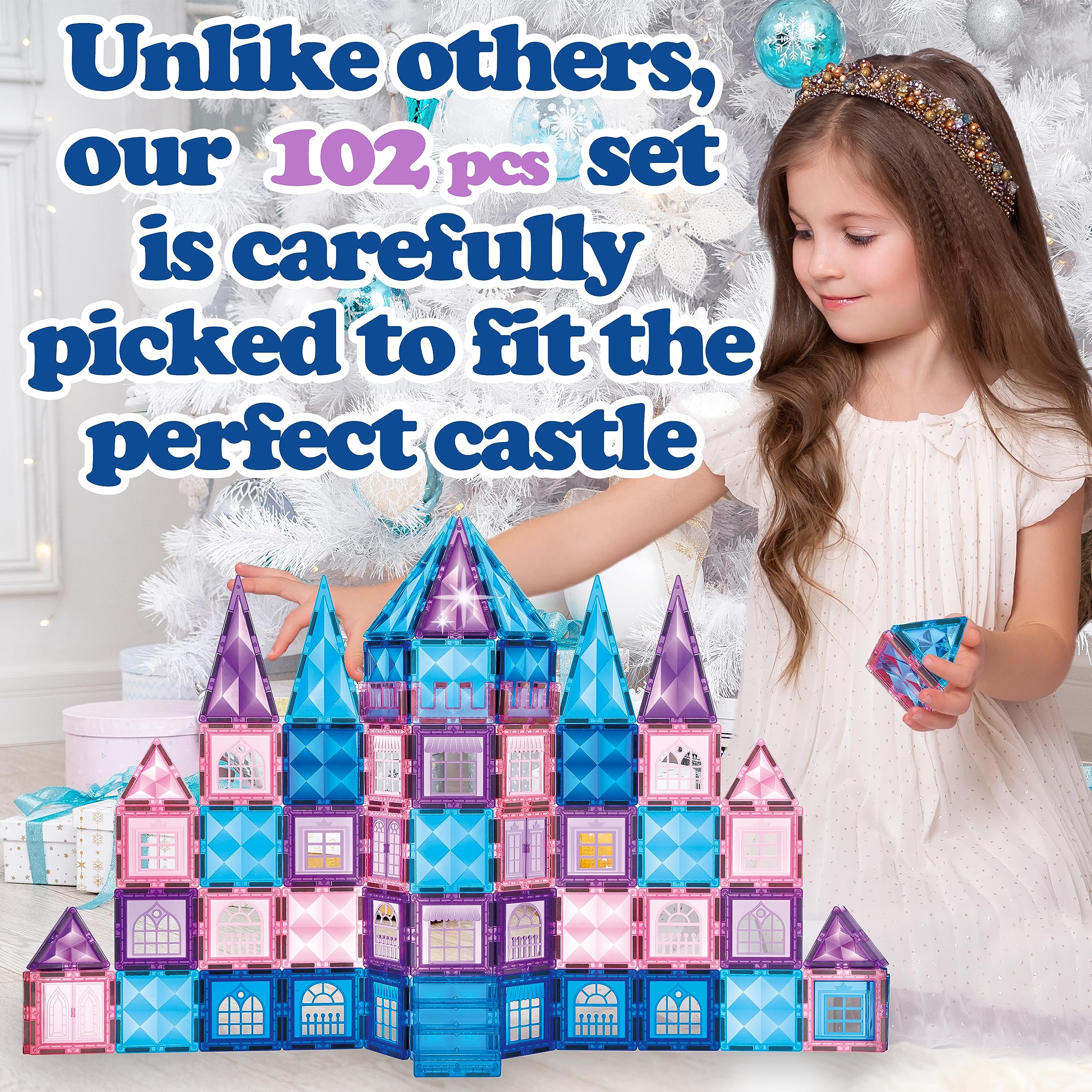 Little Pi 102pcs magnetic tiles arranged for a shimmering diamond castle build.