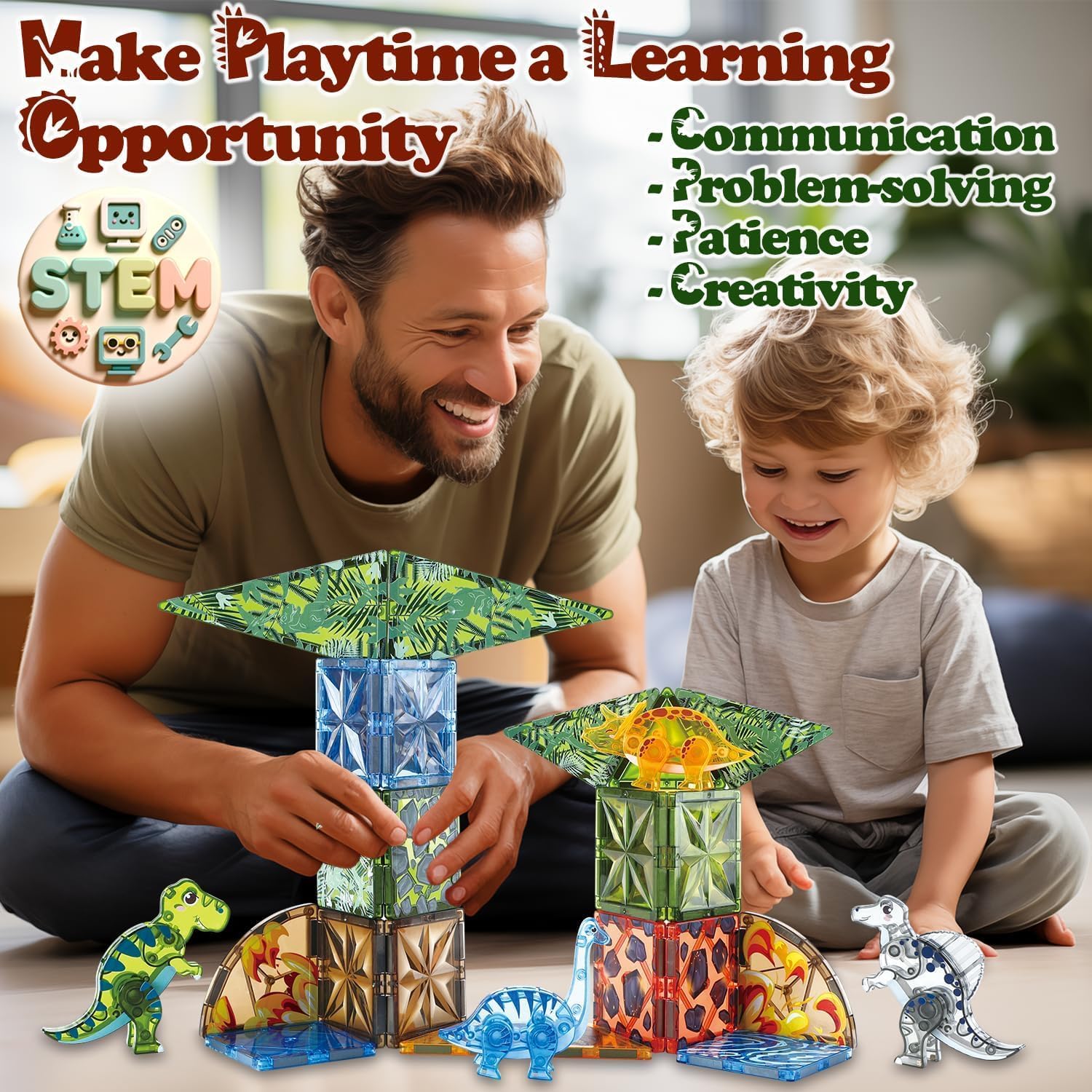Little Pi dinosaur tiles invite creative storytelling and fine motor practice.