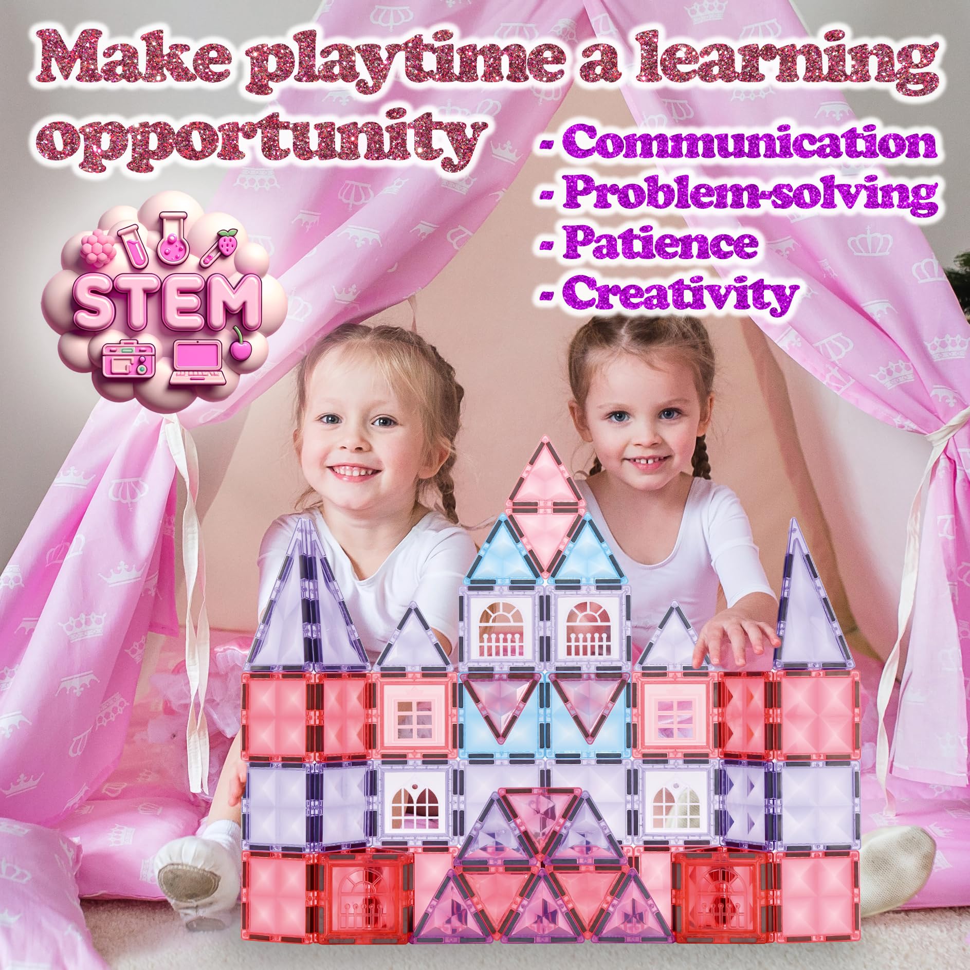 Little Pi pink castle tiles set encourages collaborative play and fine motor fun.