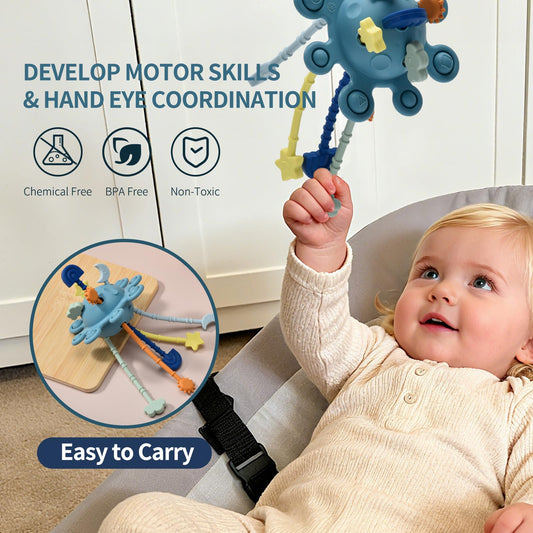 Little Rawr pull-string texture ropes blue for grip development during toddler play