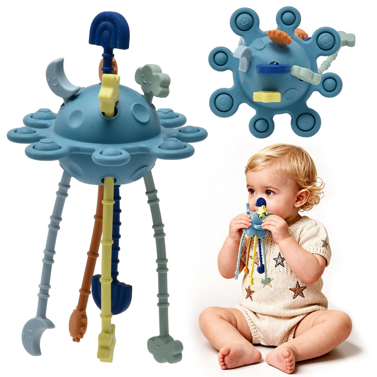 Little Rawr silicone baby sensory Montessori toy blue promotes fine motor exploration