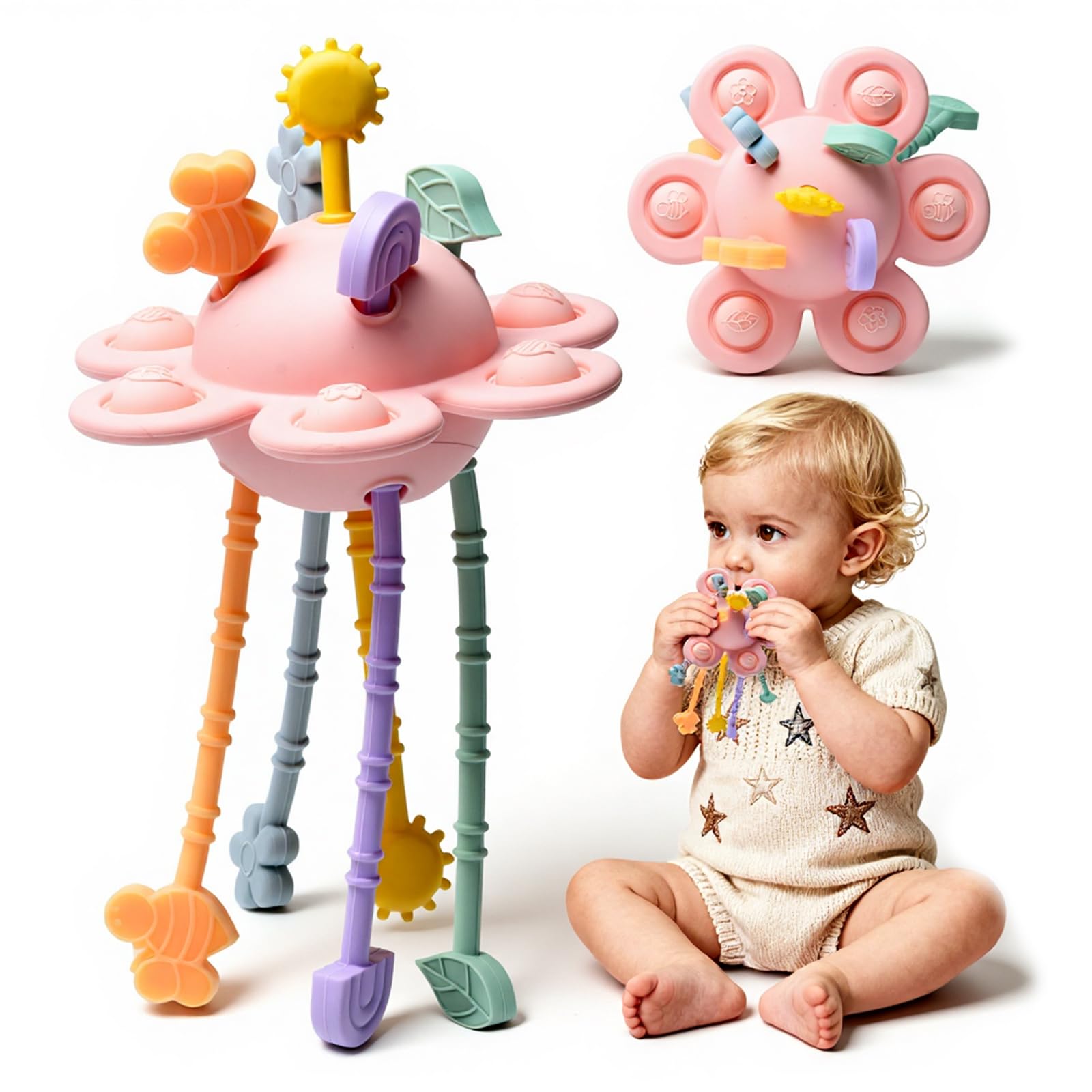 Little Rawr silicone sensory toy with pull ropes enhances fine motor exploration