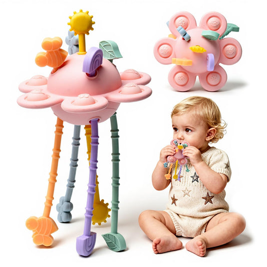 Little Rawr silicone sensory toy with pull ropes enhances fine motor exploration