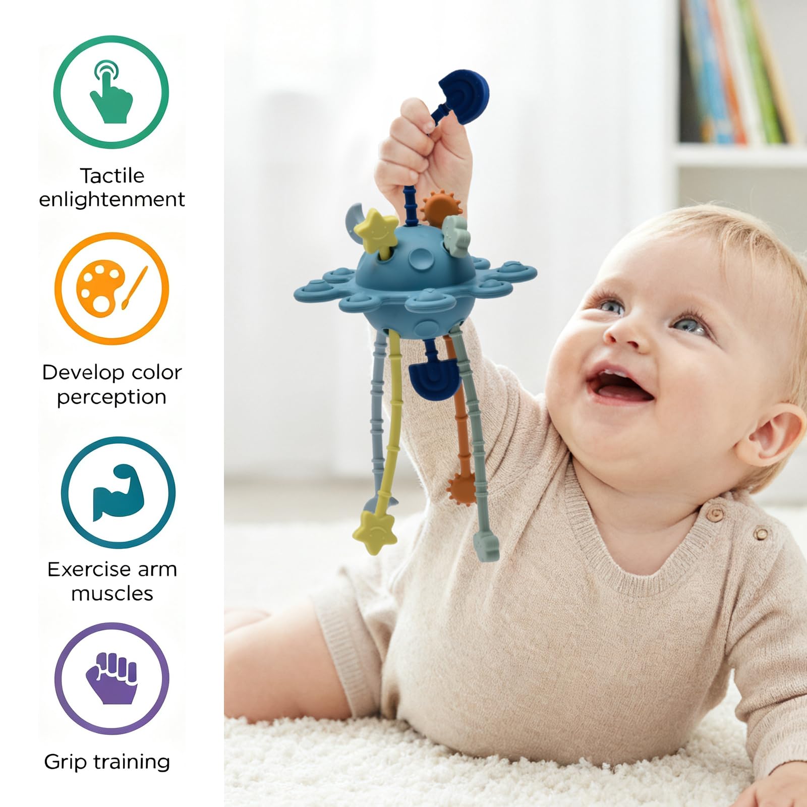 Little Rawr soft-click button blue encourages tactile exploration for curious babies