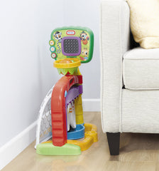 Little Tikes 3-in-1 Sports Zone includes balls for immediate play and practice.
