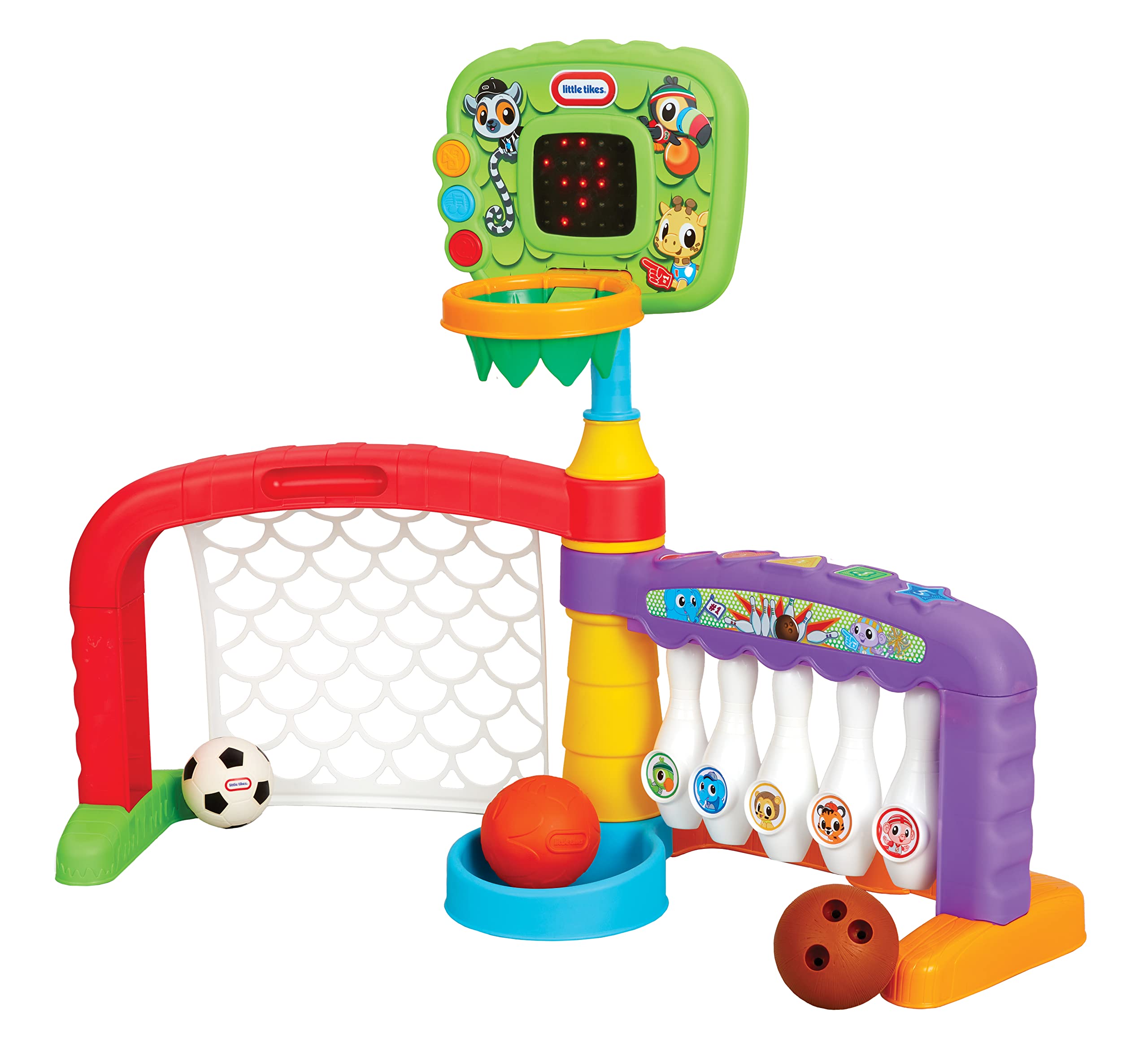 Little Tikes 3-in-1 Sports Zone basketball hoop ready for toddlers' shots and play to boost hand-eye coordination.