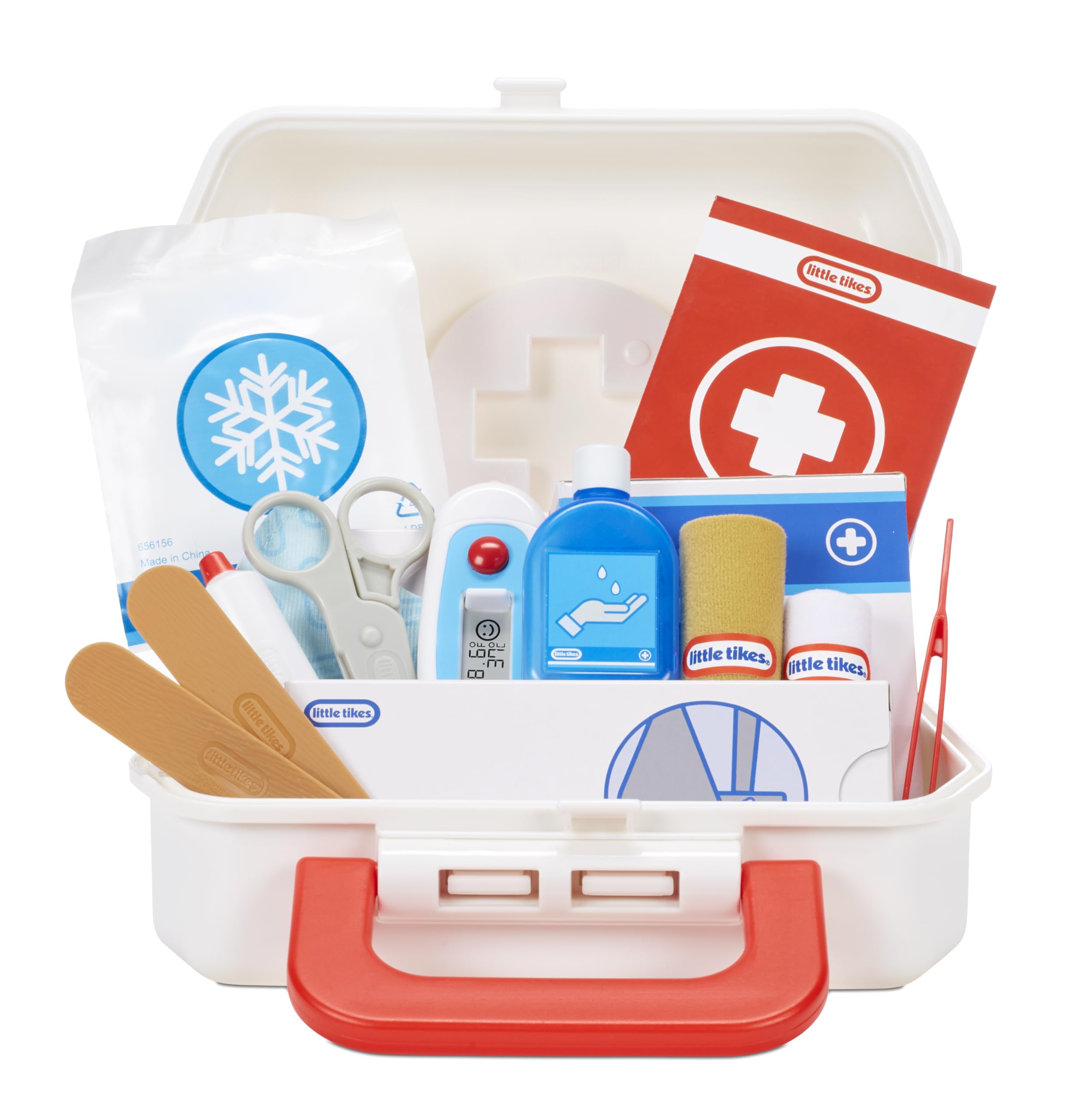 Little Tikes First Aid Kit carrying case keeps accessories organized for on-the-go pretend play.