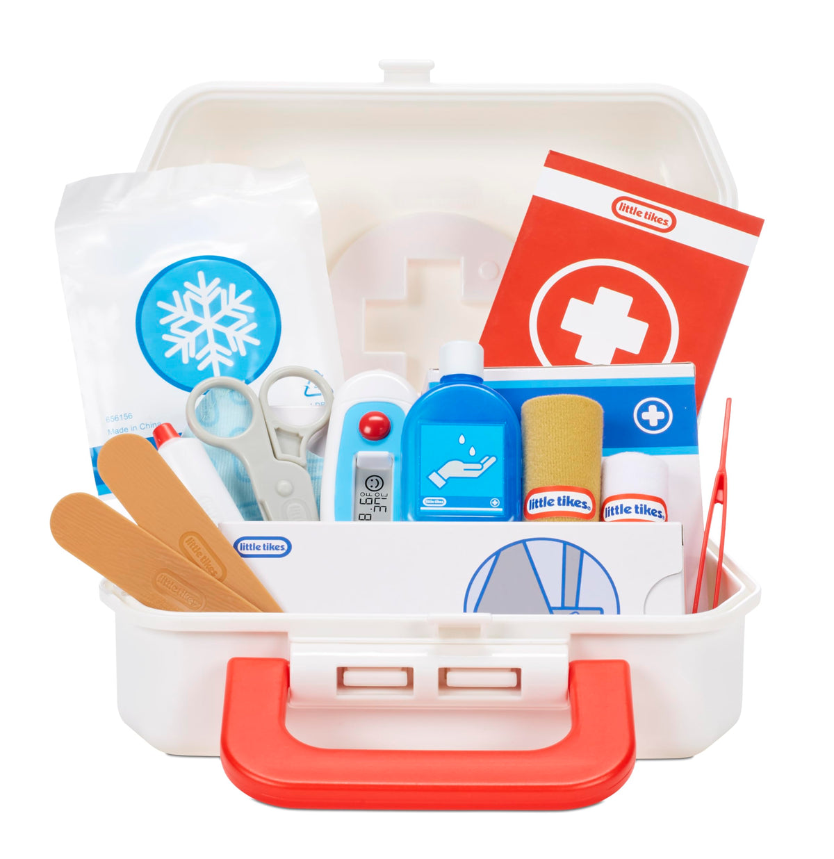 Little Tikes First Aid Kit carrying case keeps accessories organized for on-the-go pretend play.