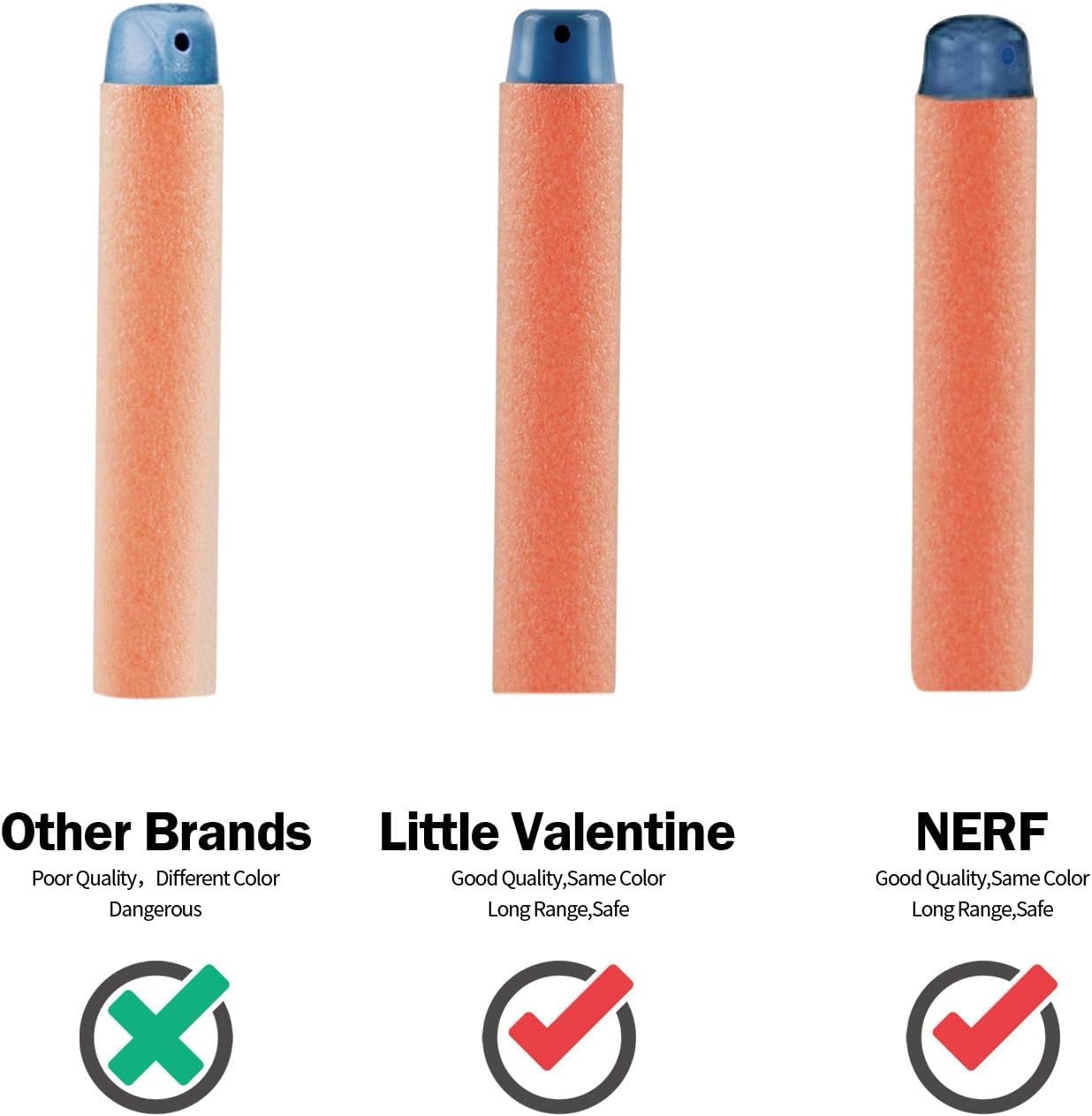 Little Valentine Nerf Elite 2.0 darts blue foam head detail for soft impact.