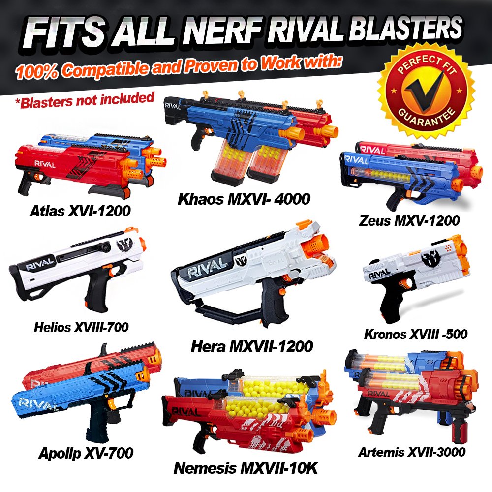 Random colors Nerf Rival rounds in a 100-pack for varied battles