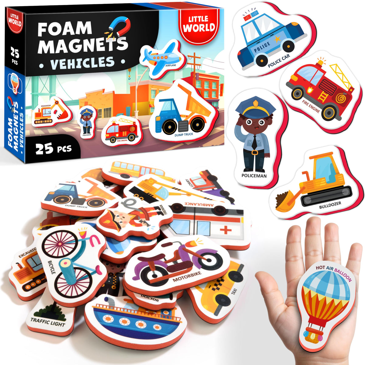 Little World fridge magnets cars set: large, easy-to-hold pieces for toddler play and exploration