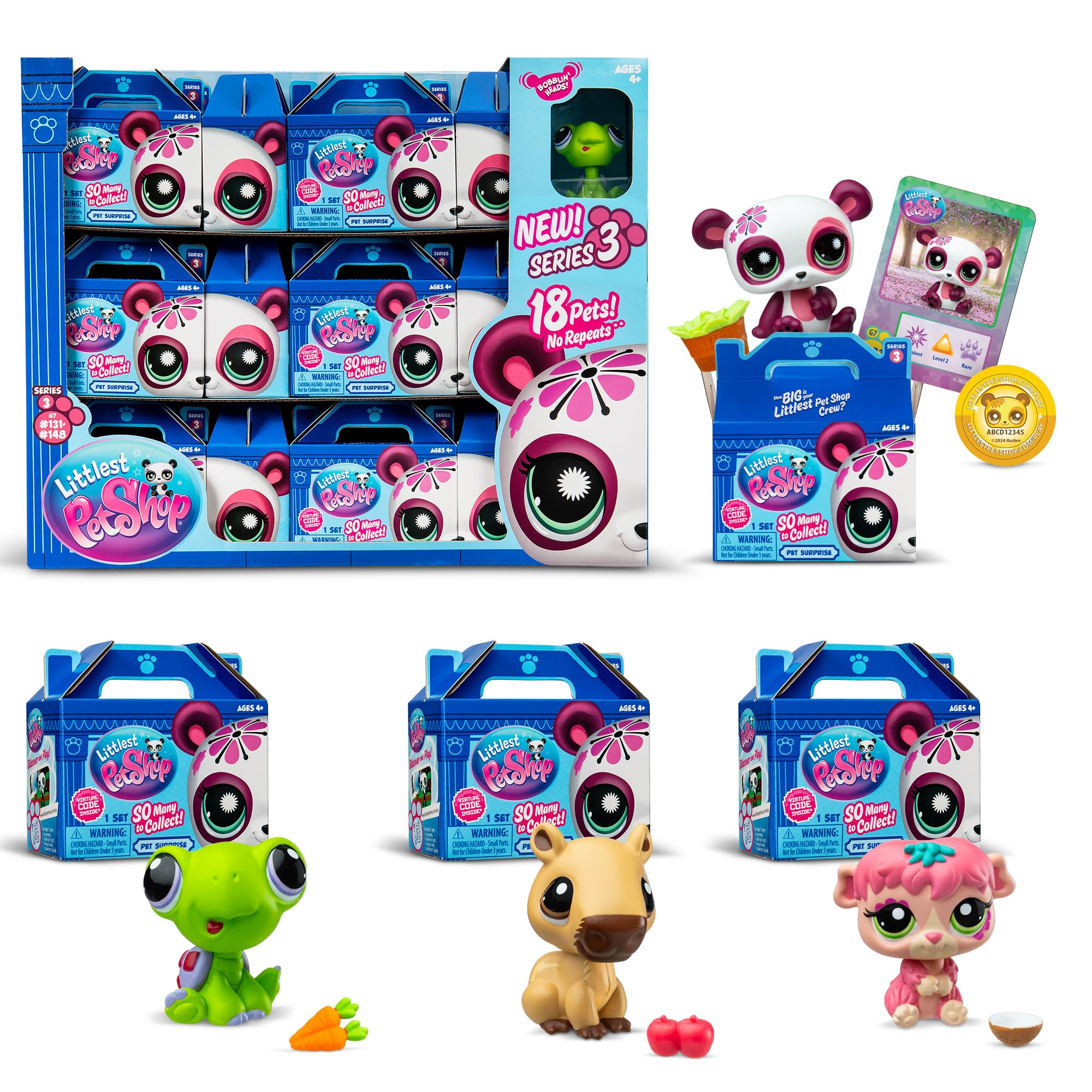 Littlest Pet Shop Pet Surprise Display showcases 18 bobblin’ pets for collection and imaginative play.