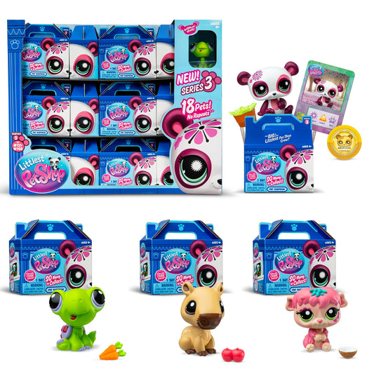 Littlest Pet Shop Pet Surprise Display showcases 18 bobblin’ pets for collection and imaginative play.
