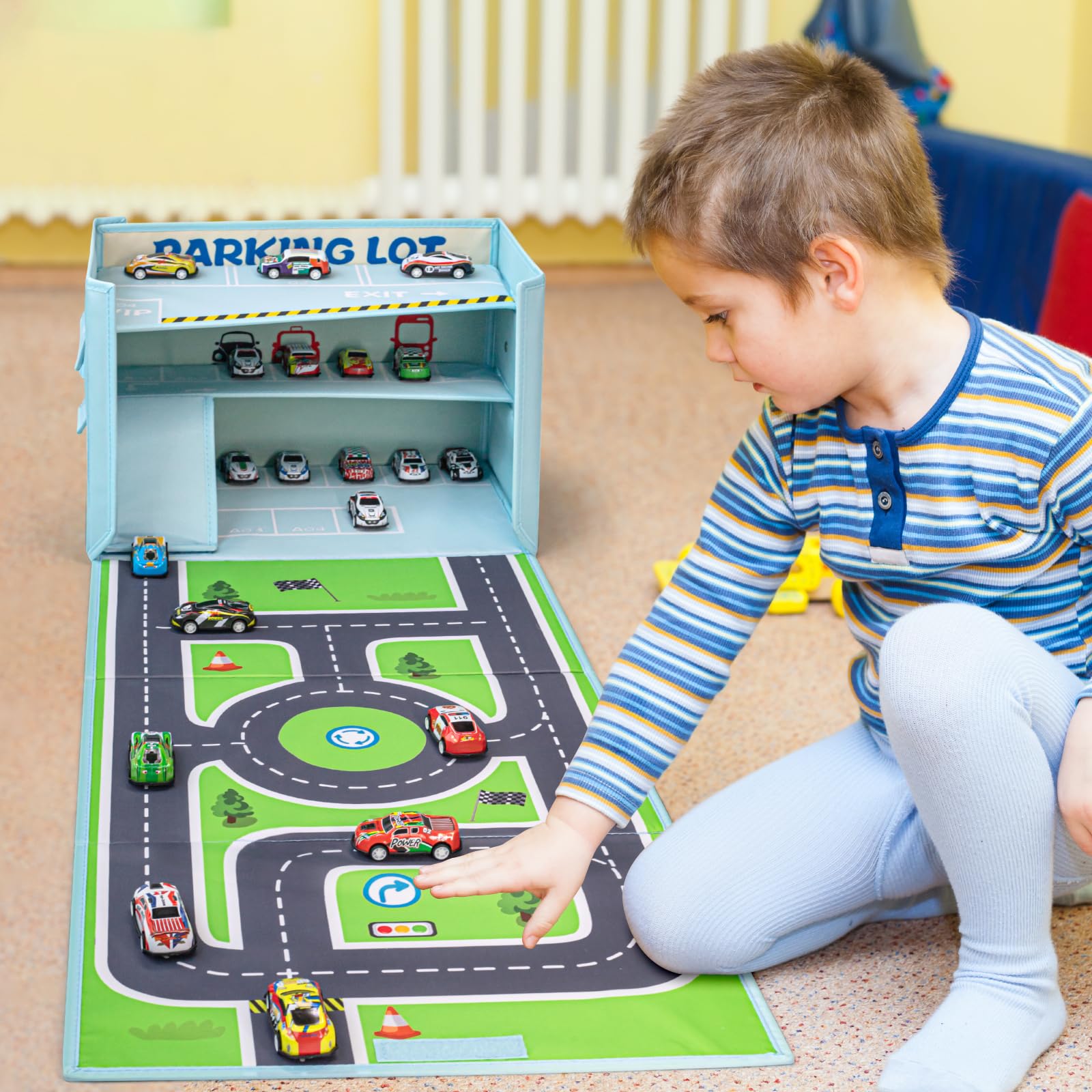Livememory toy car garage box dimensions show ample space for toy cars.