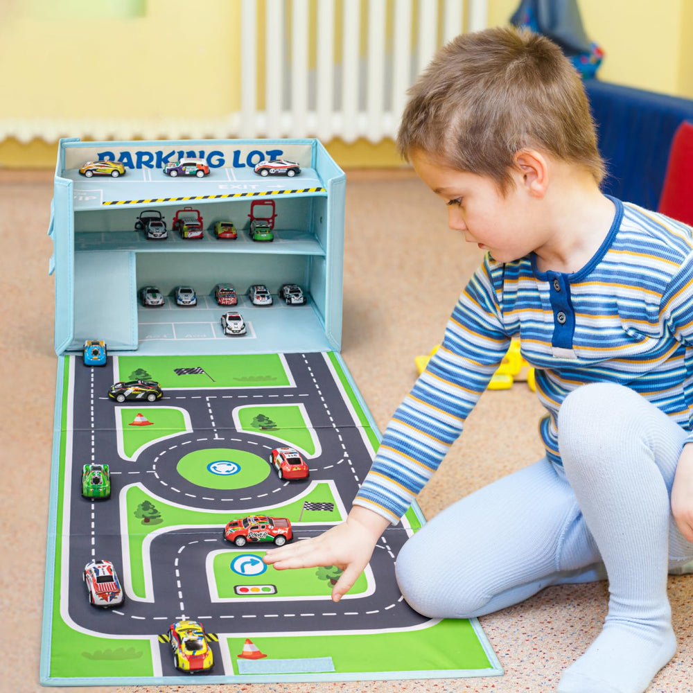 Livememory toy car garage box dimensions show ample space for toy cars.