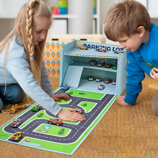 Livememory toy car garage box open lid with play mat invites imaginative play.
