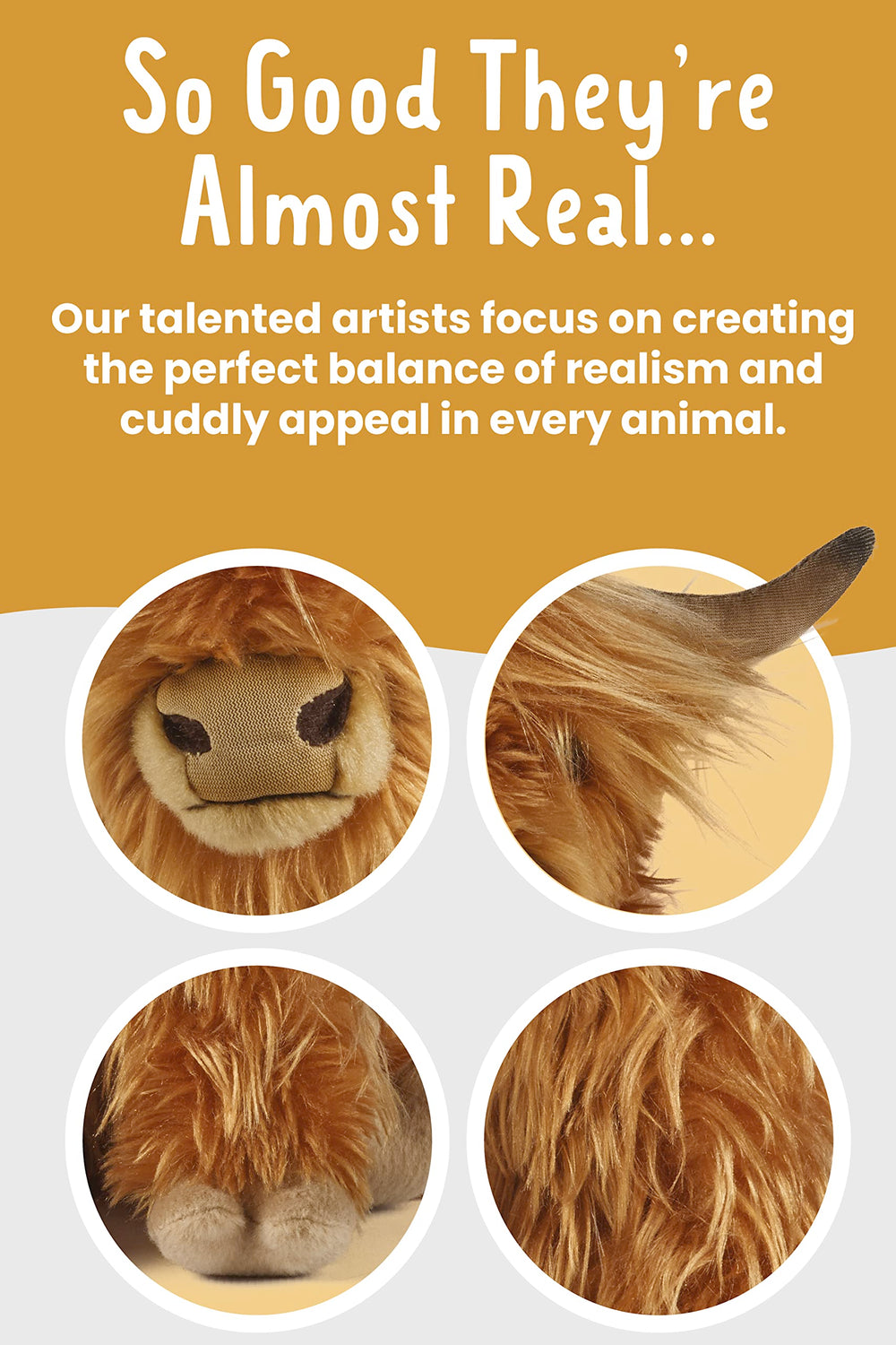 Living Nature Highland Cow plush features a brown shaggy coat for cozy tactile moments.