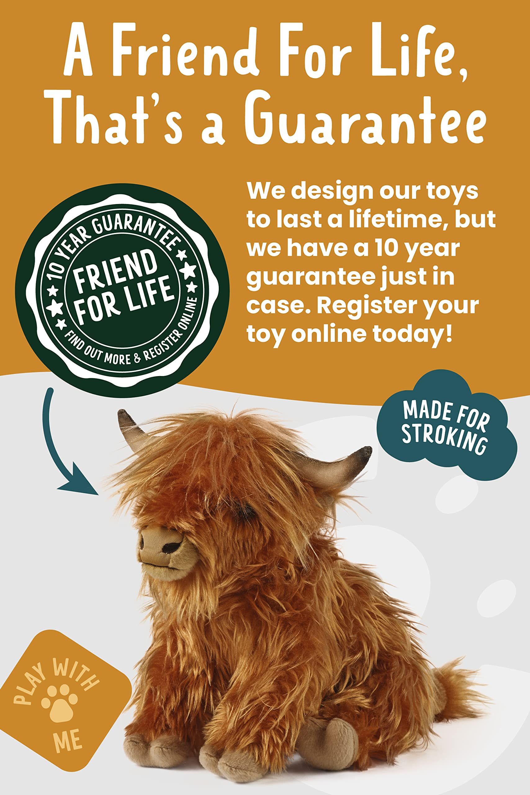 Living Nature Highland Cow plush emphasizes eco-friendly materials from recycled PET bottles.