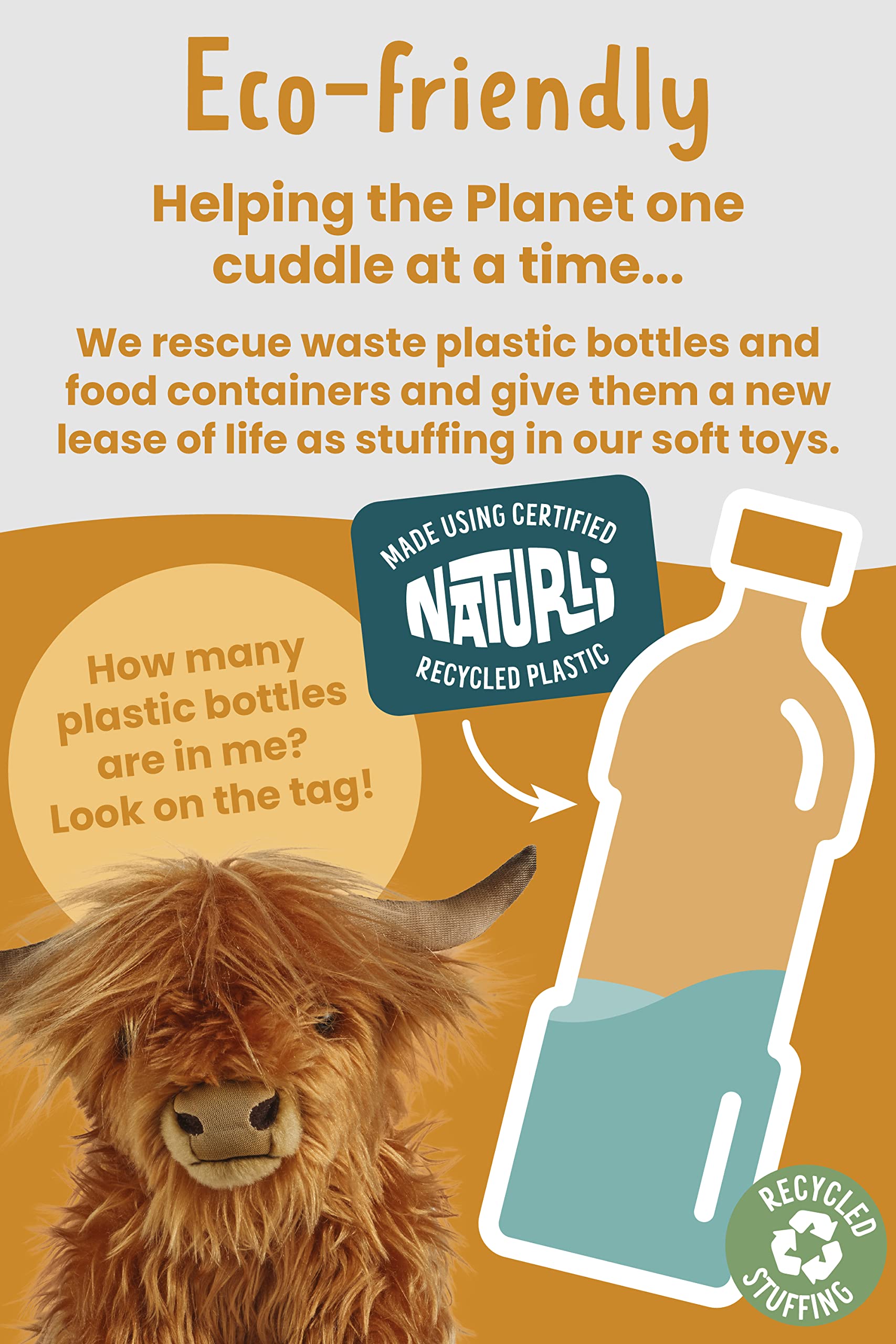Living Nature Highland Cow plush includes an educational tag about behavior, habitat, and care tips.