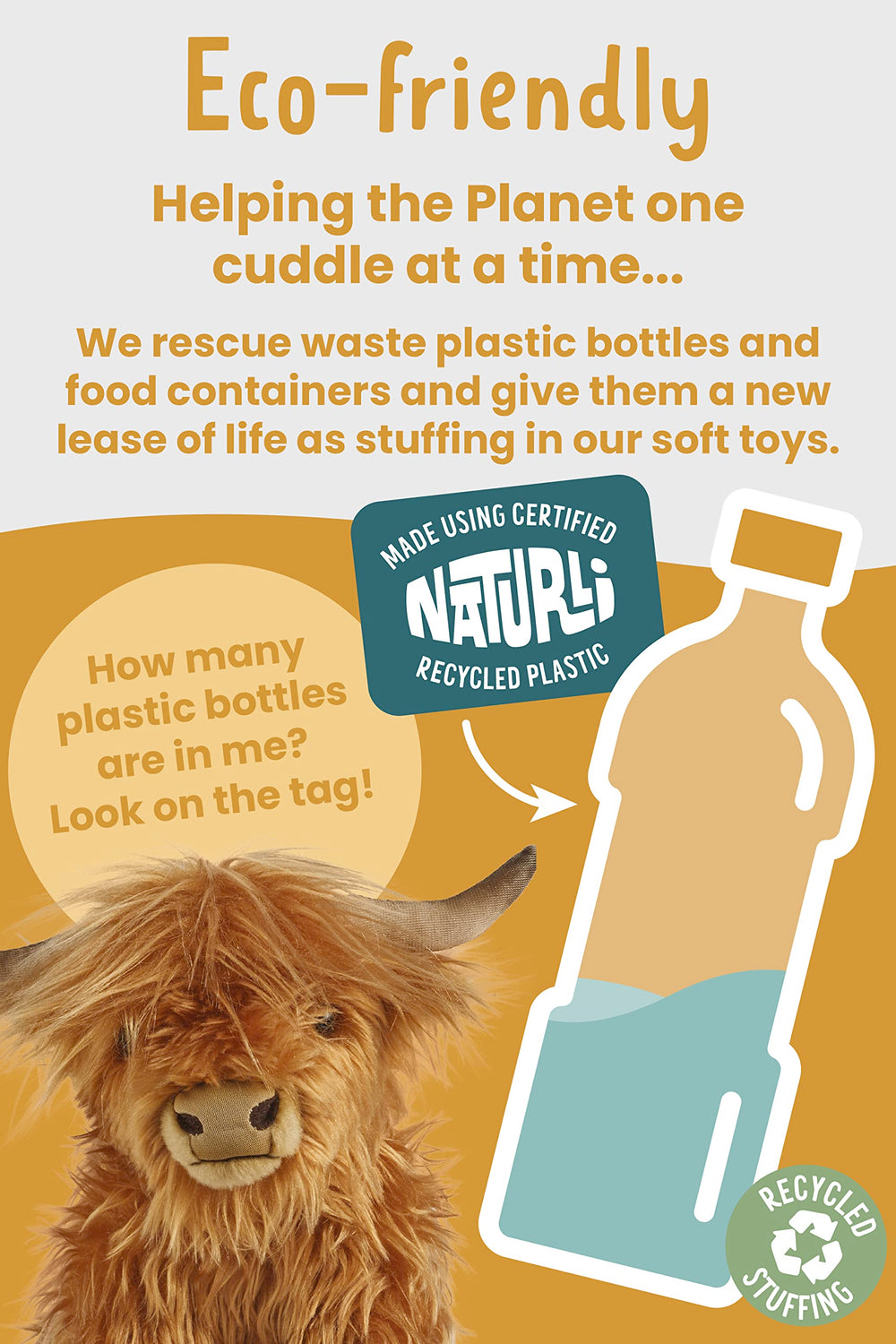 Living Nature Highland Cow plush includes an educational tag about behavior, habitat, and care tips.