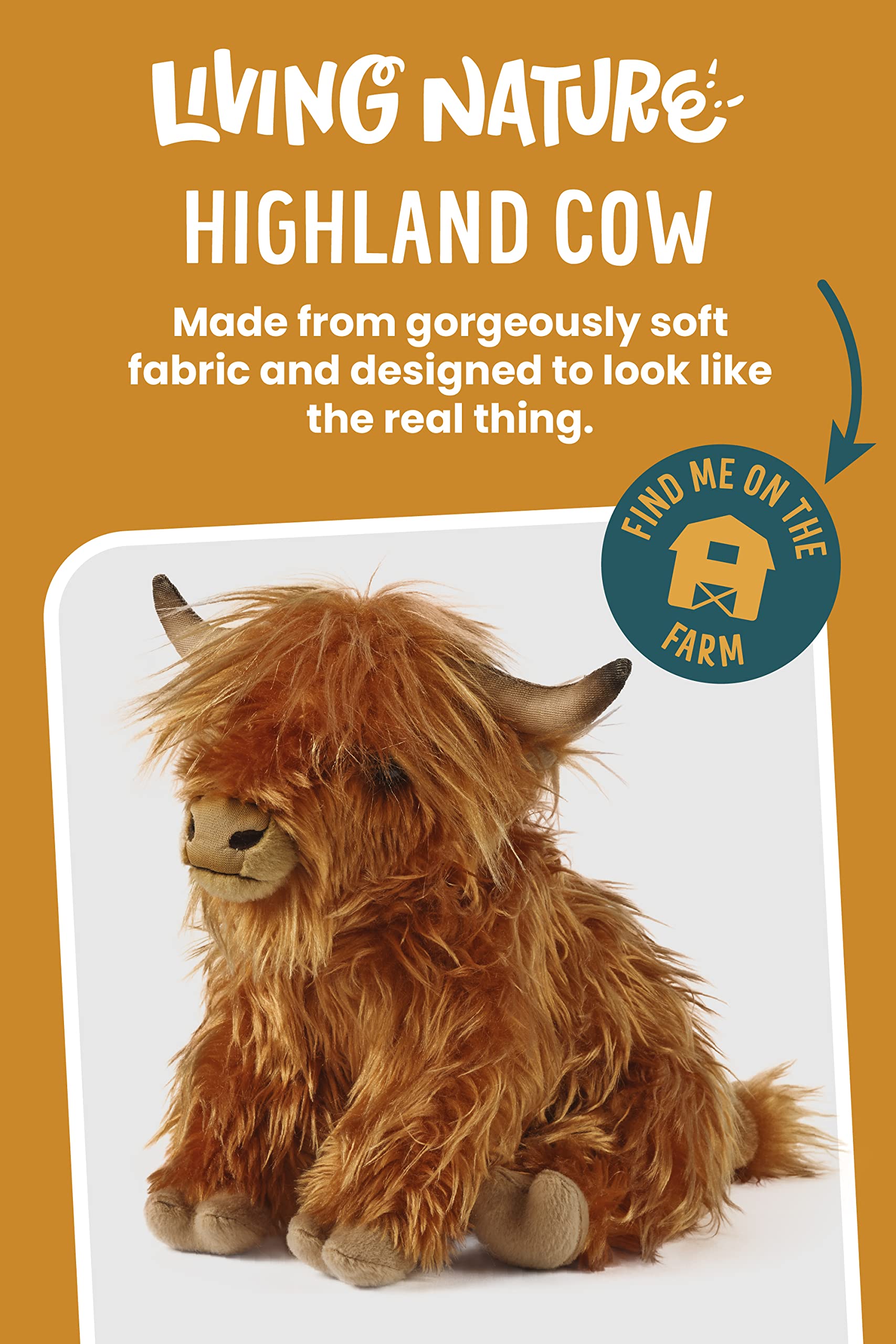 Living Nature Highland Cow plush closeup face detail shows lifelike eyes and friendly expression.