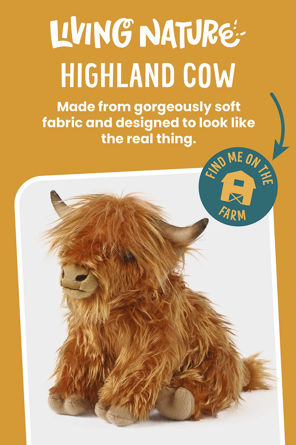 Living Nature Highland Cow plush closeup face detail shows lifelike eyes and friendly expression.