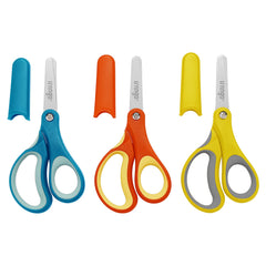Livingo 3-pack 5-inch kids scissors in gray, blue, and yellow for classroom crafts.
