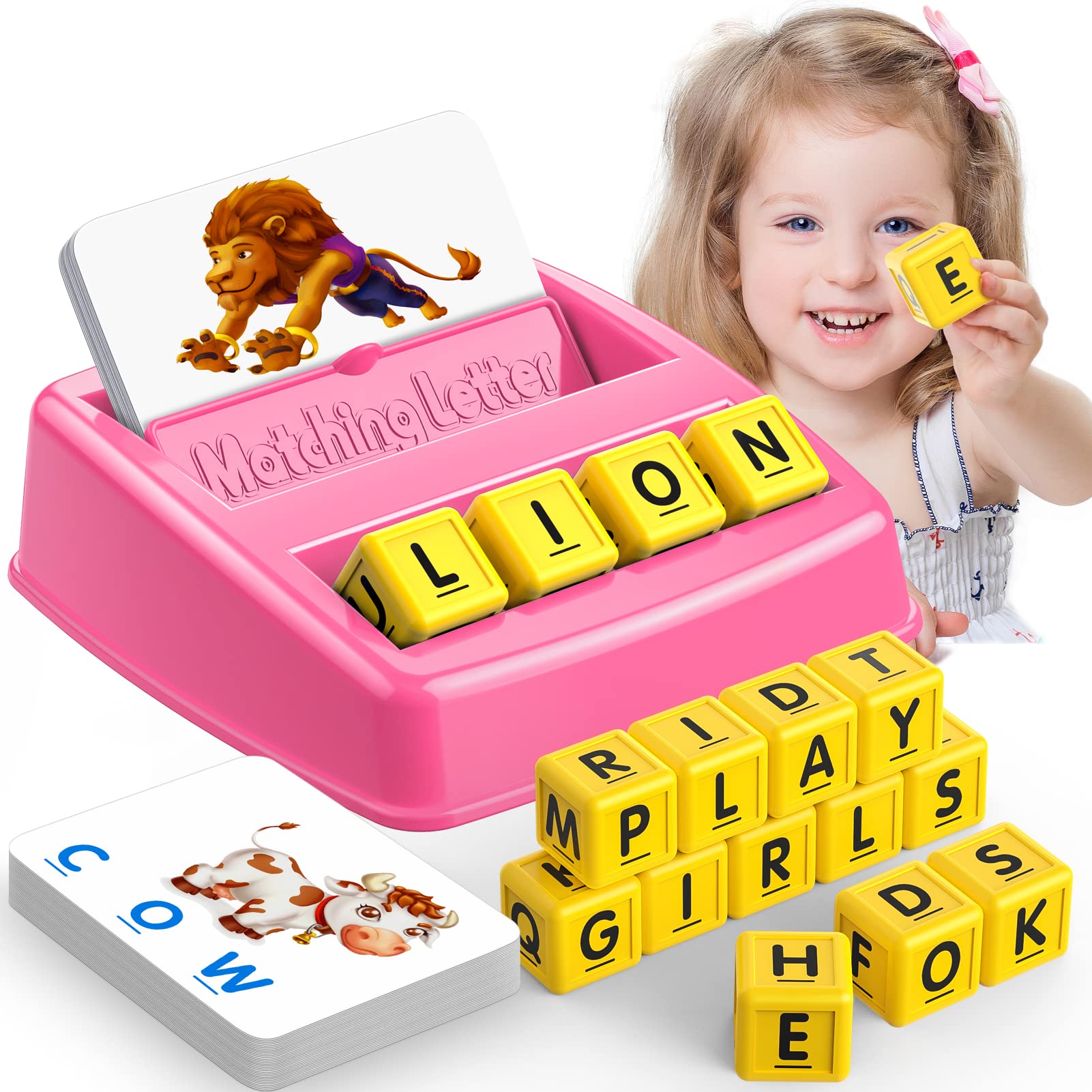 LIWIN LET'S GO! pink matching letter cubes for early spelling practice