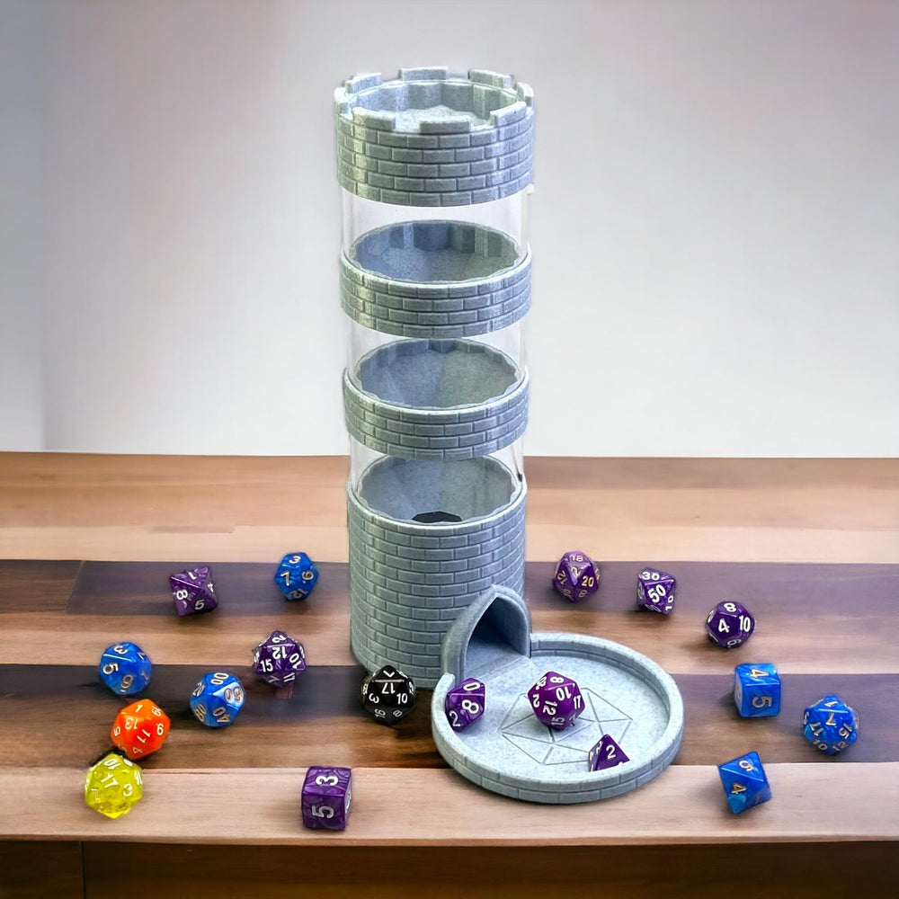 Lixusia Castle Dice Tower with clear tubes revealing dice movement