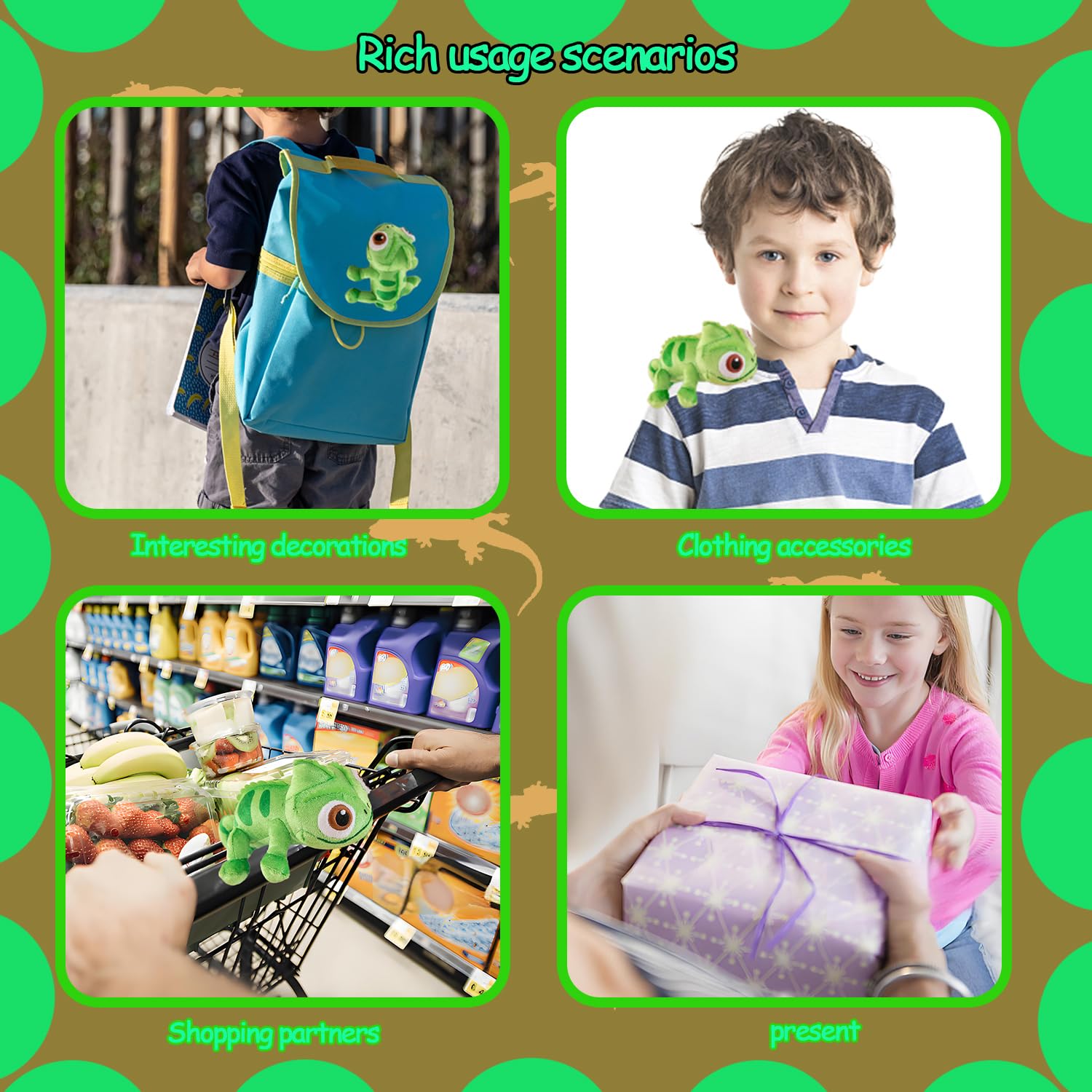 Lizard Plush shows magnet and metal piece for easy attachment to clothing.