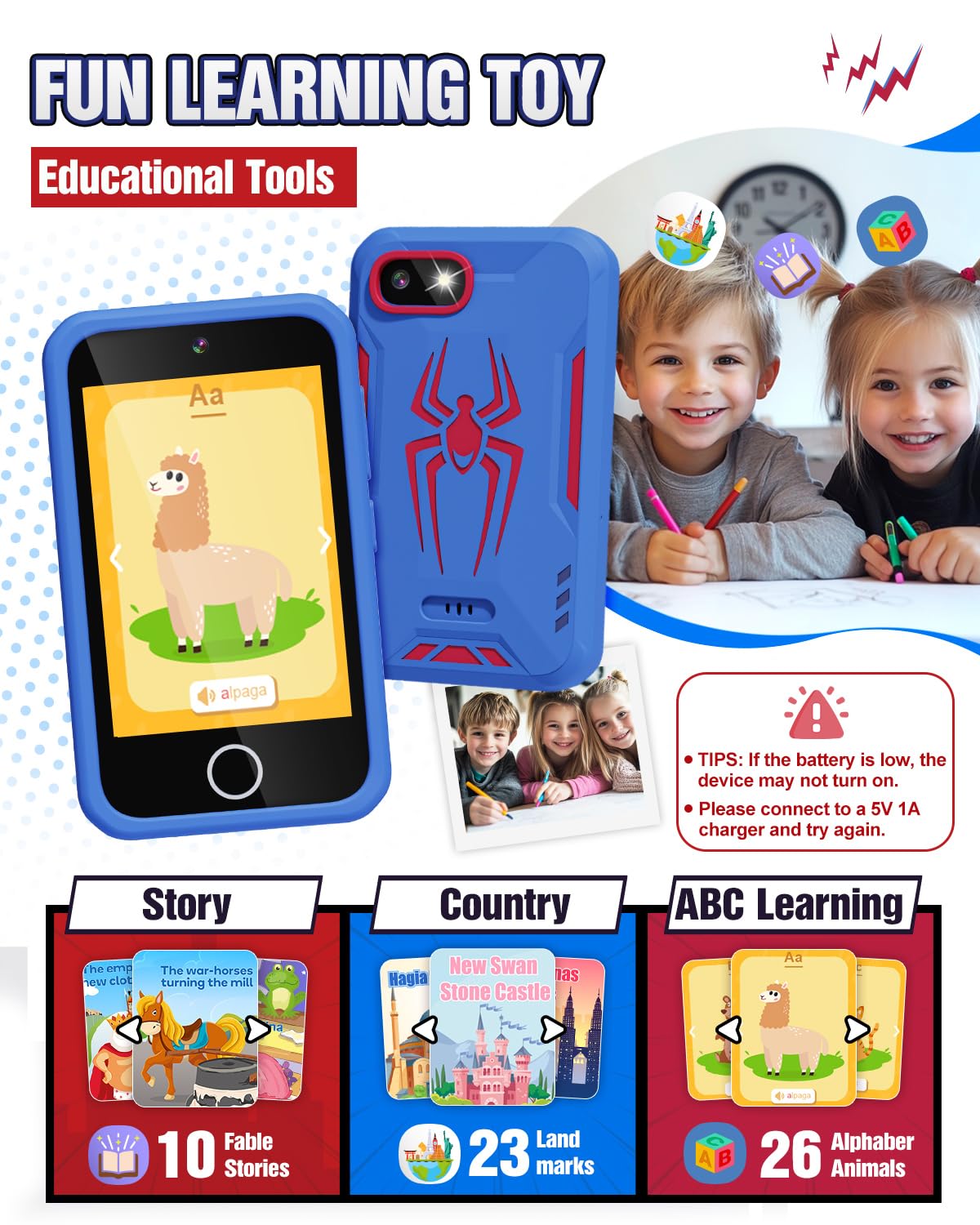 Lizzbey phone features front and rear cameras for playful photos.