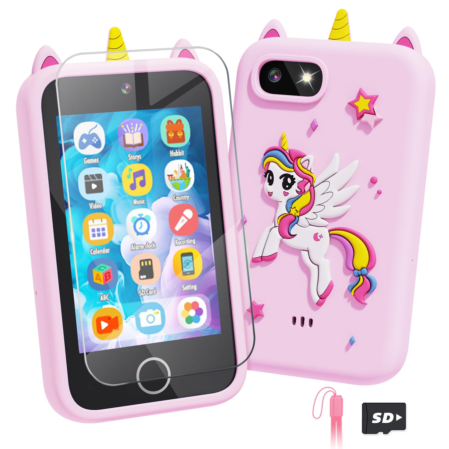 Lizzbey Unicorn Phone front view with kid-friendly 3.5-inch screen for learning on the go.