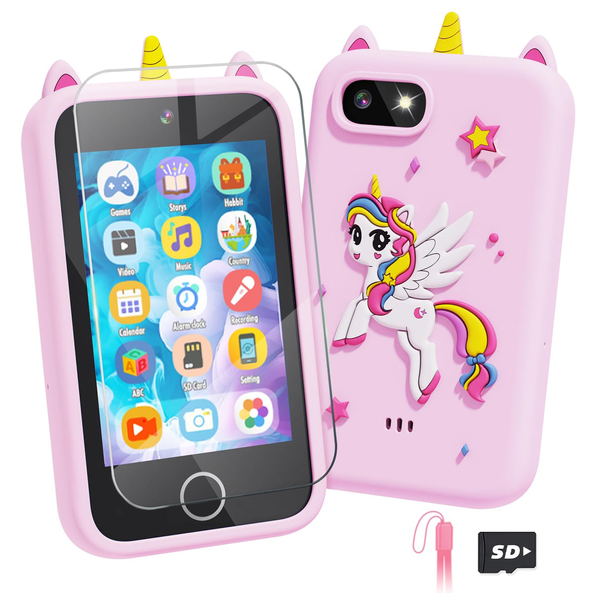 Lizzbey Unicorn Phone front view with kid-friendly 3.5-inch screen for learning on the go.