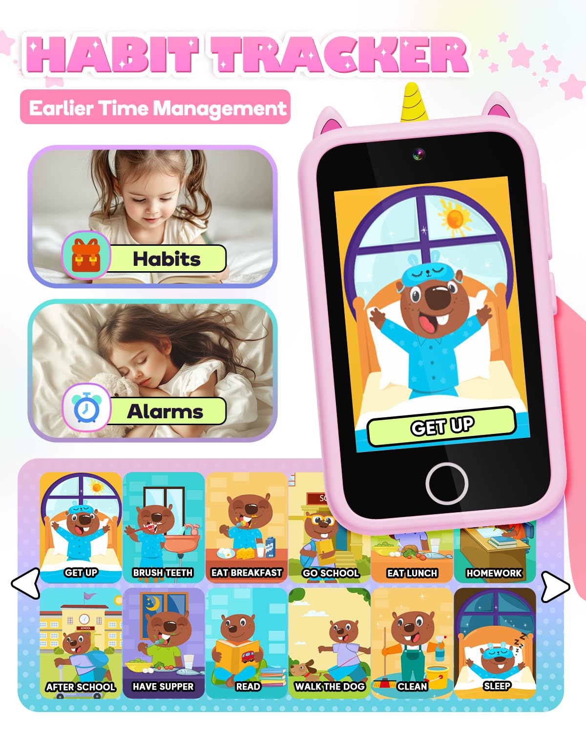 Lizzbey Unicorn Phone learning-content display highlighting ABC and stories features.