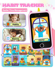 Lizzbey Unicorn Phone learning-content display highlighting ABC and stories features.