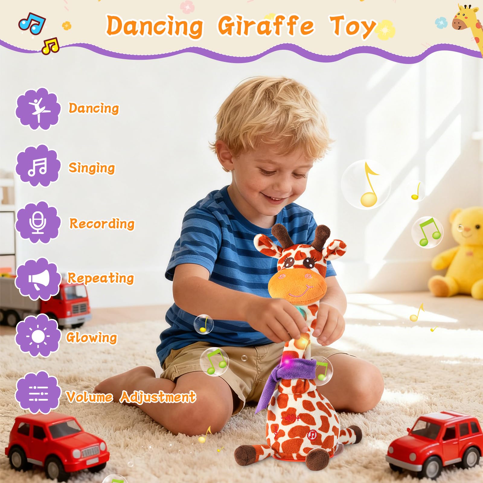 LLUKEME Dancing Giraffe Toy with embroidered eyes for a friendly look.