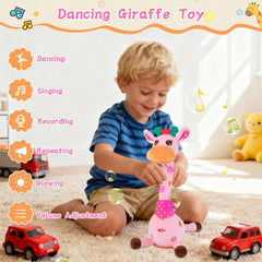 LLUKEME Dancing Giraffe Toy features embroidered eyes and patterns for tactile appeal.