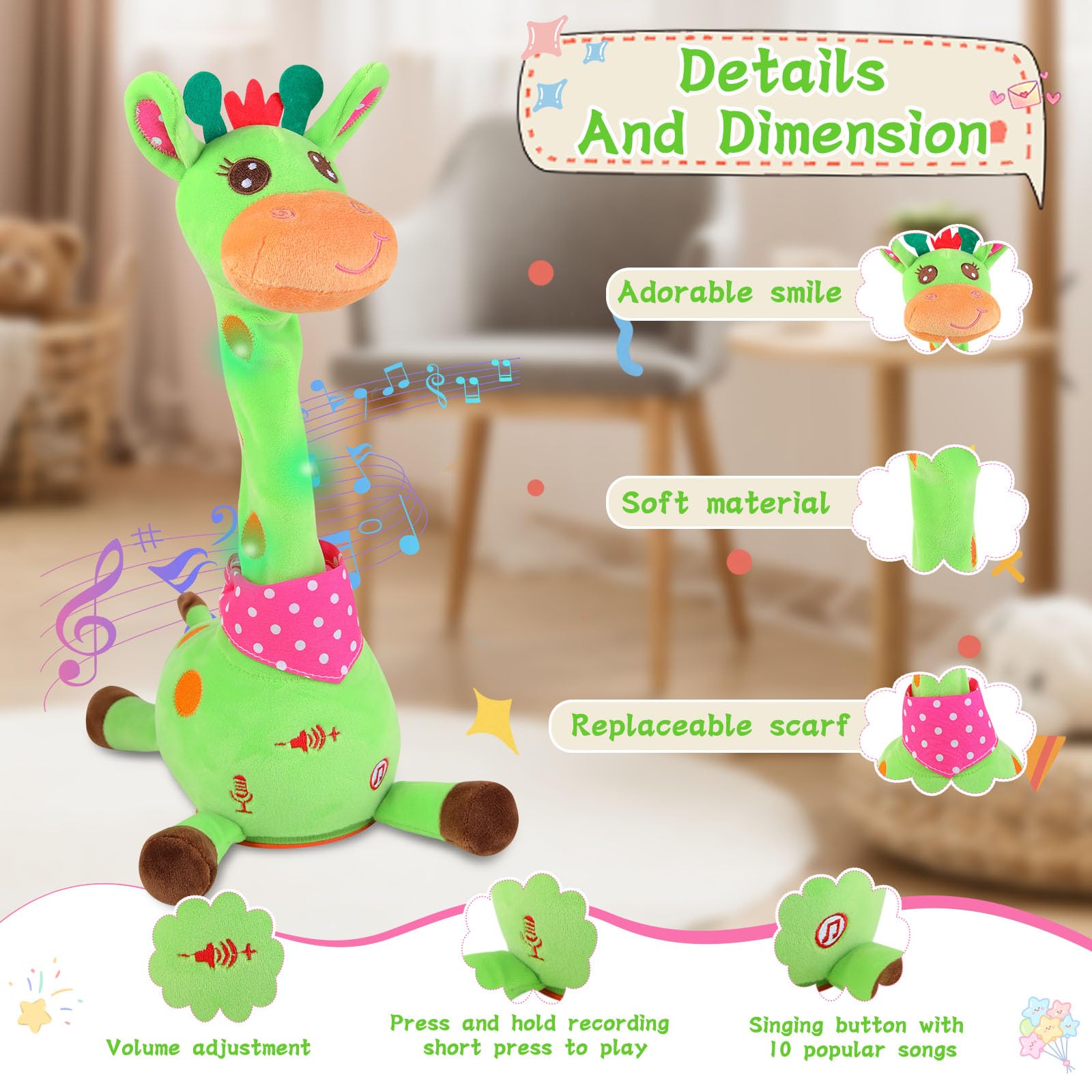 LLUKEME singing feature on the giraffe plush invites musical play and engagement.