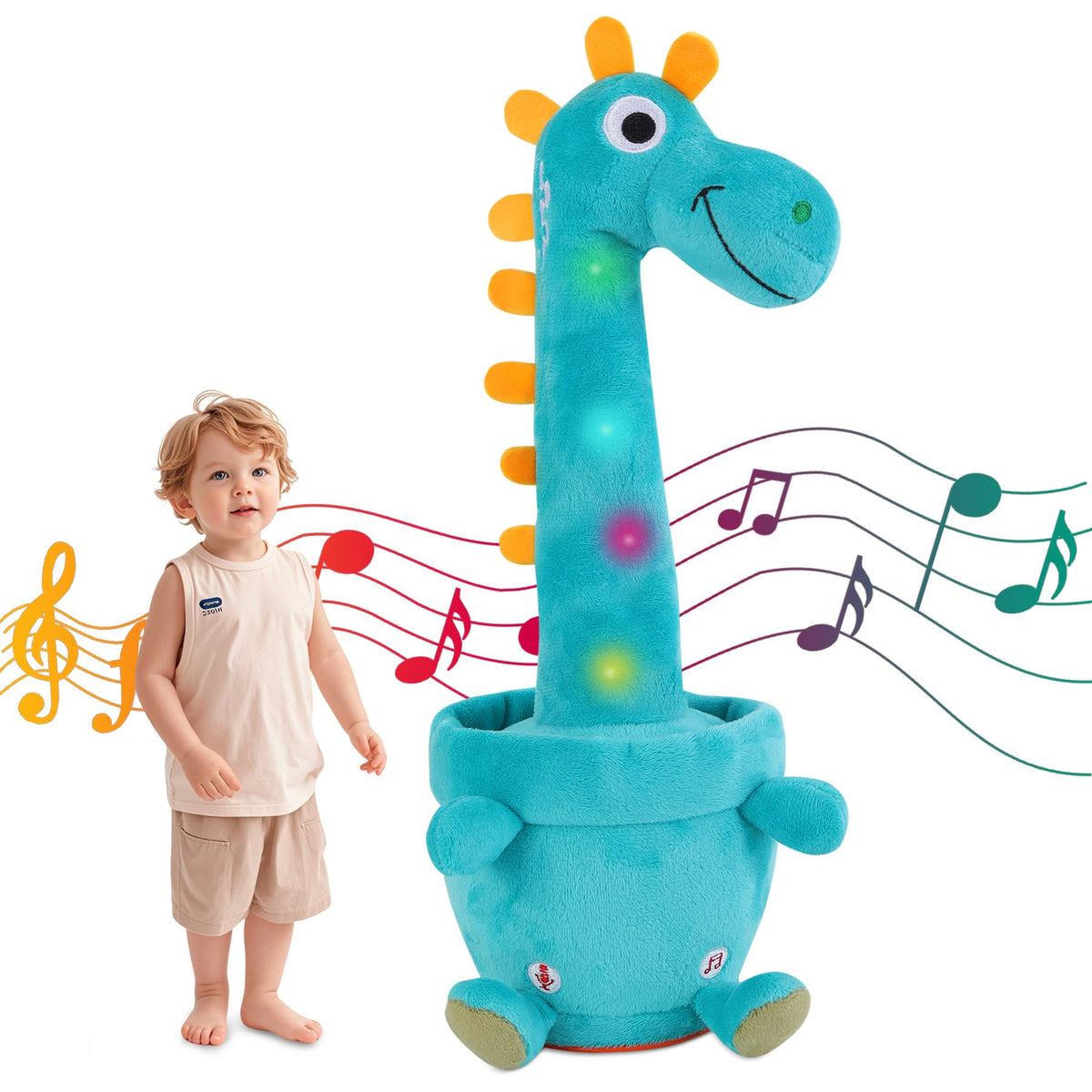 LLUKEME dancing talking giraffe toy with LEDs for interactive play and rhythm practice.