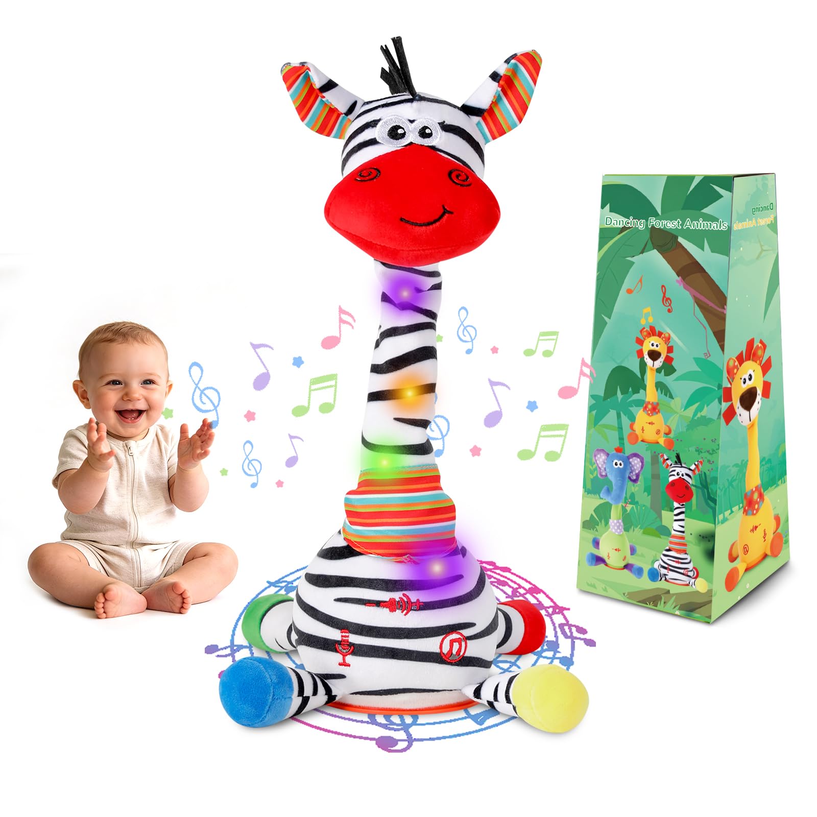 LLUKEME Dancing Talking Zebra Toy performing a dance with bright LEDs for toddlers.