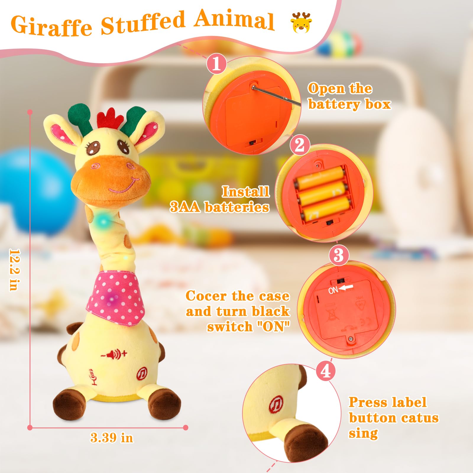 LLUKEME soft plush giraffe baby toy offering gentle cuddles during playtime.